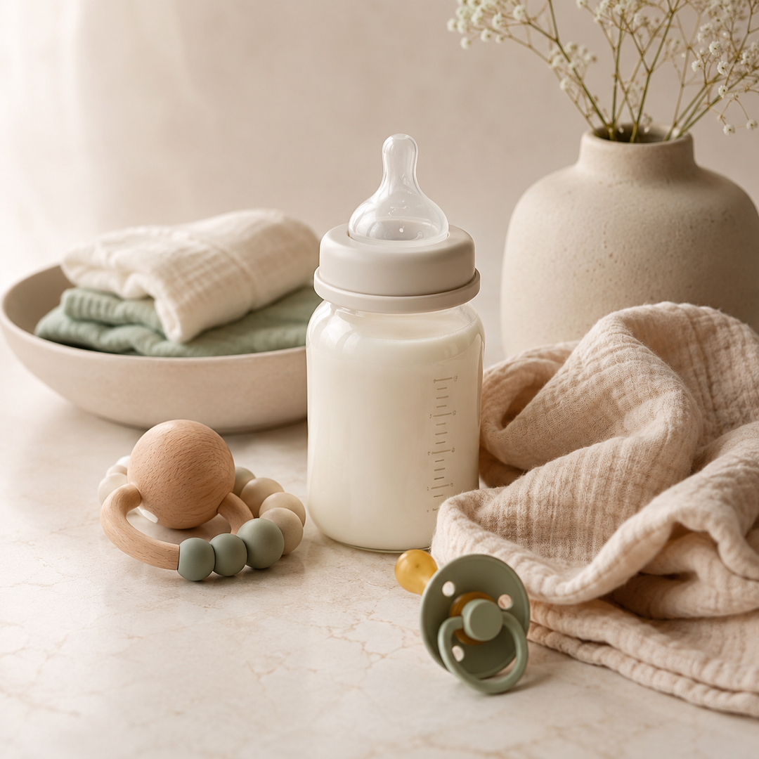 Babyflasche, Schnuller und Babyzubehör in sanften Naturtönen