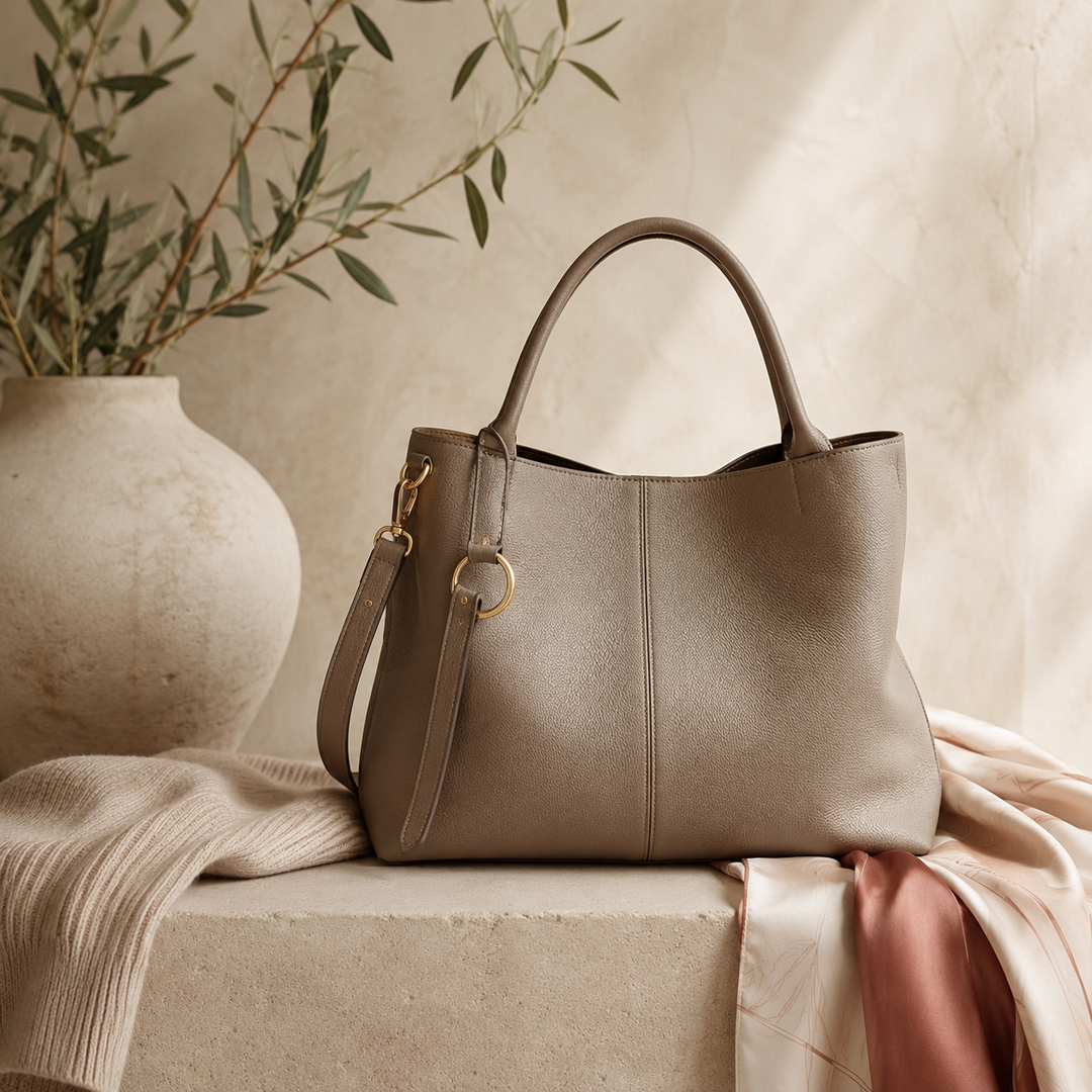 Elegante Handtasche in Taupe mit Seidentuch und warmem ODAVIA Hintergrund