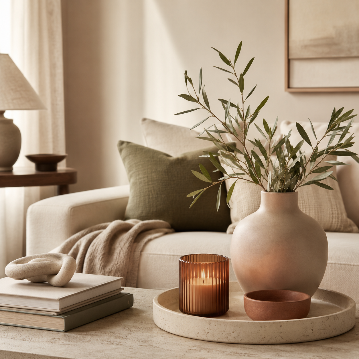 Stilvolles Wohnzimmer in Beige und Oliv für die Kategorie Haushalt und Wohnen