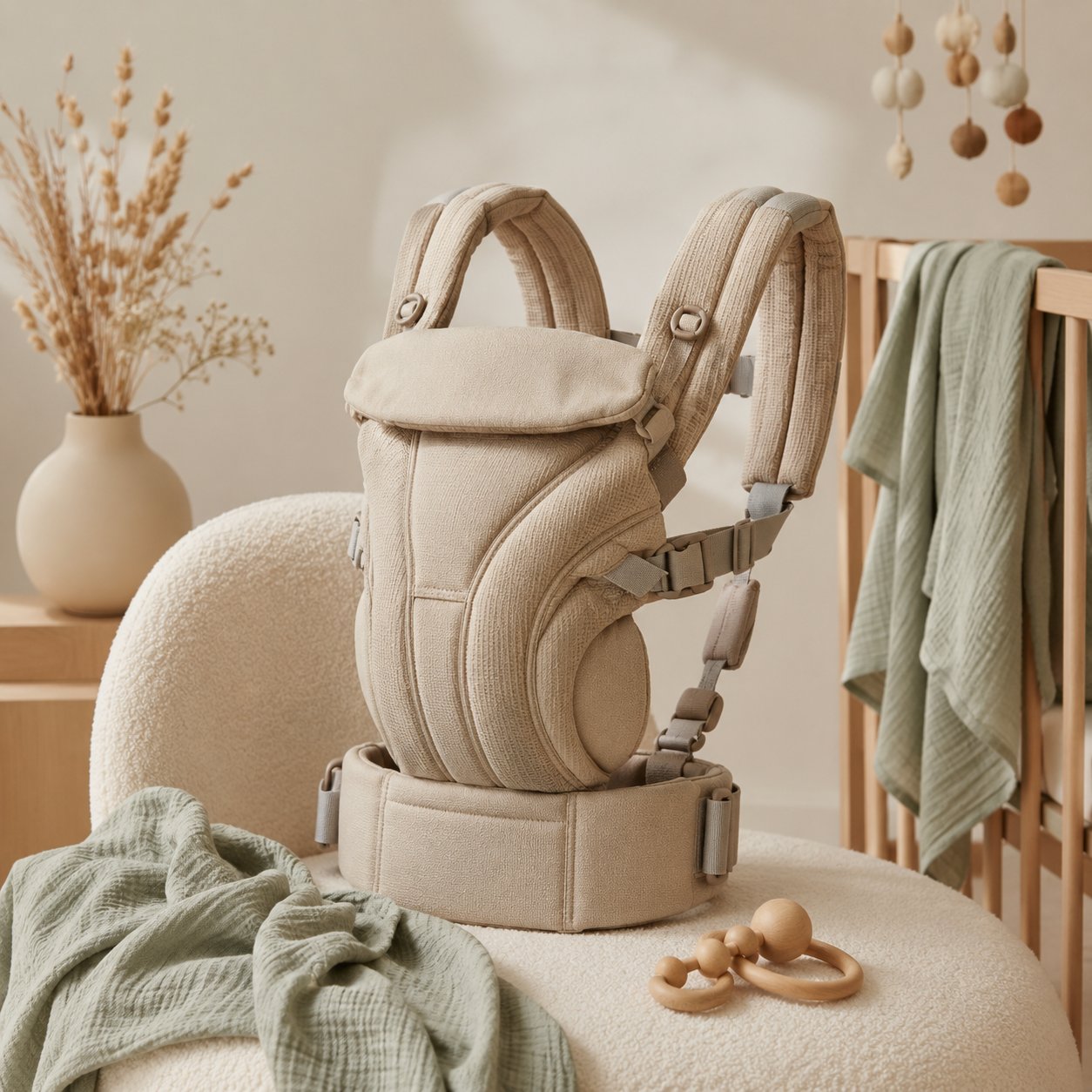 Ergonomische Babytrage in Beige mit weichen Babytextilien