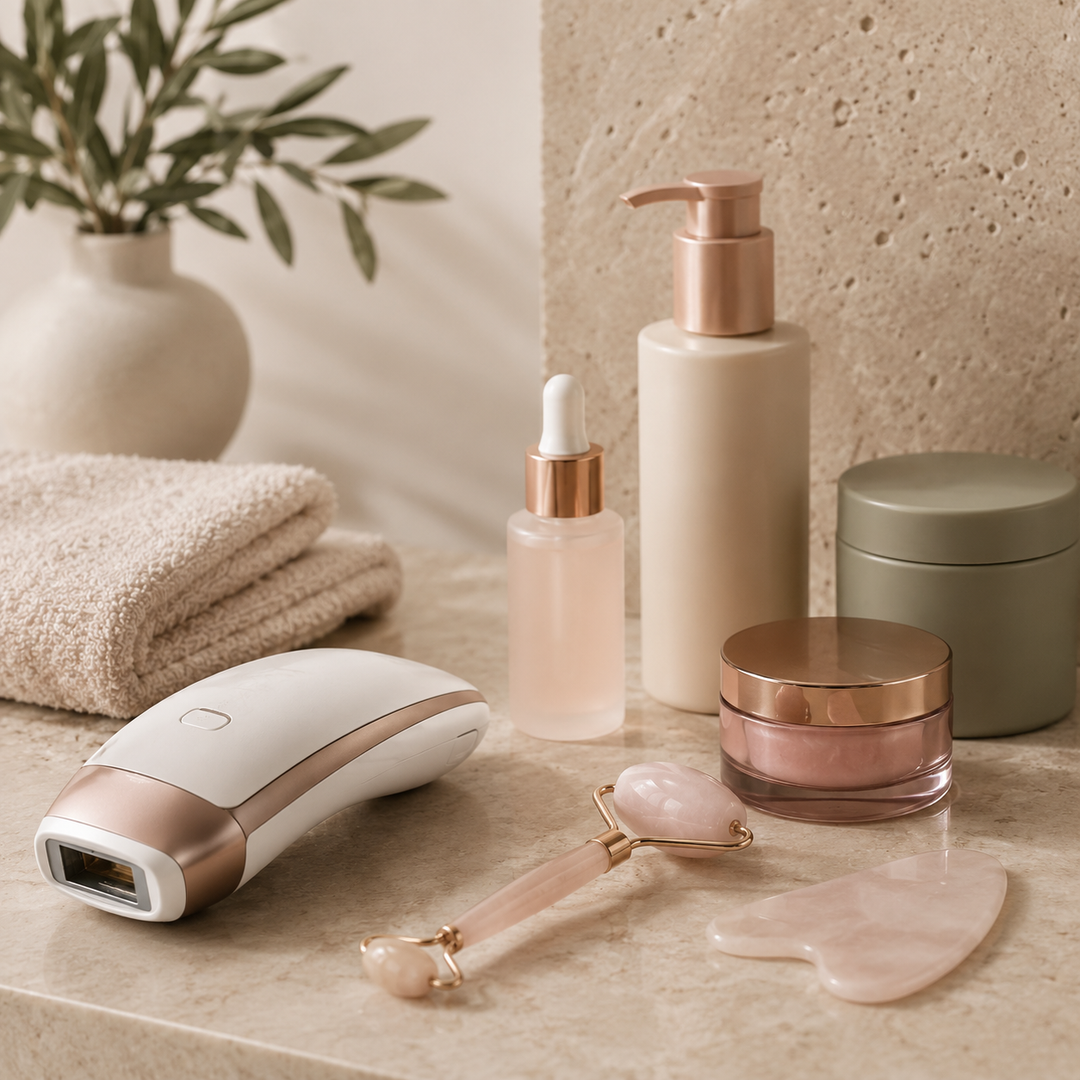 Beauty- und Pflegeprodukte mit Hautpflegegerät und Gesichtsmassagezubehör