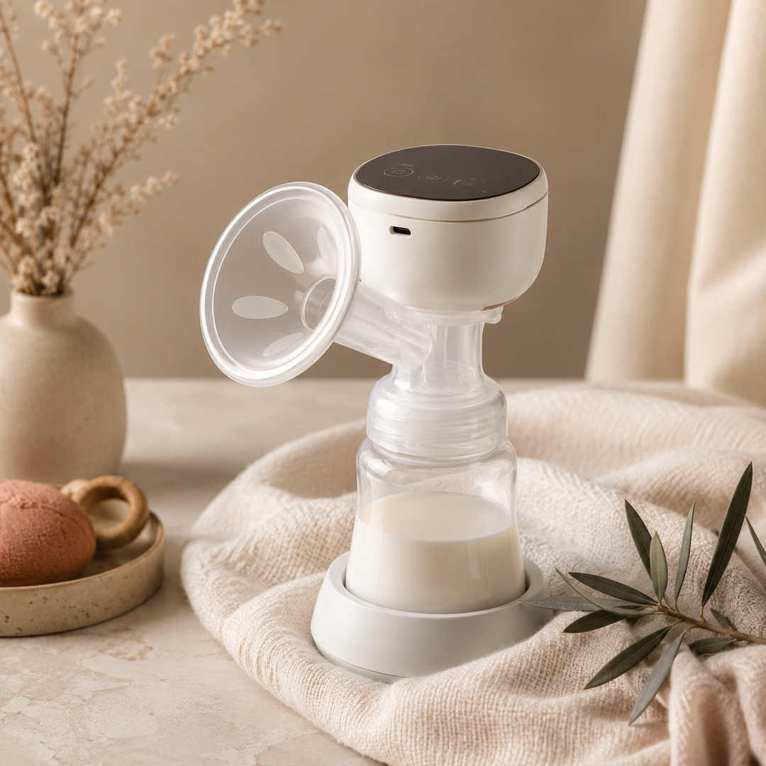 Elektrische Milchpumpe mit Milchflasche in warmem ODAVIA Design