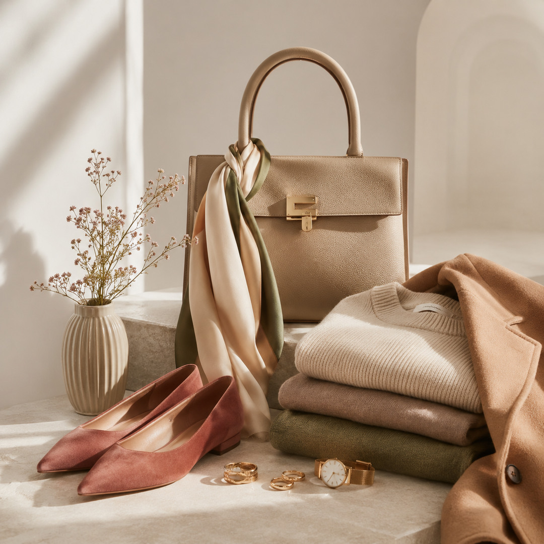 Mode und Accessoires in Beige, Oliv und warmen Brauntönen