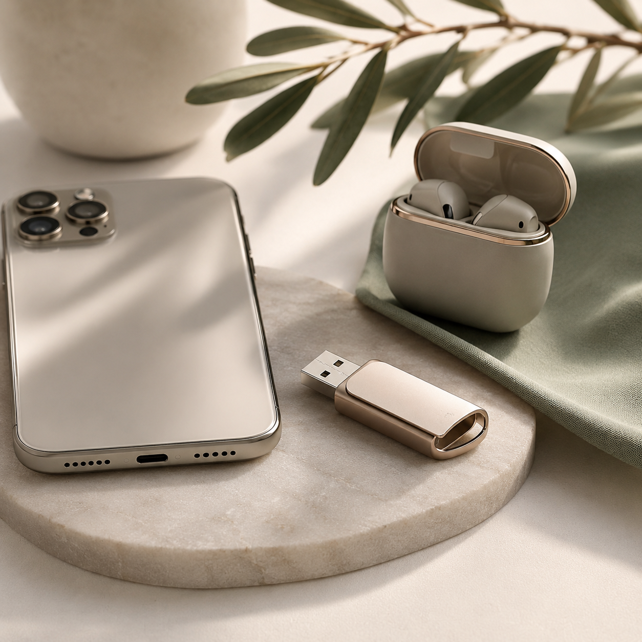 Technikprodukte mit Smartphone, Kopfhörern und USB-Speicher in warmem ODAVIA Design
