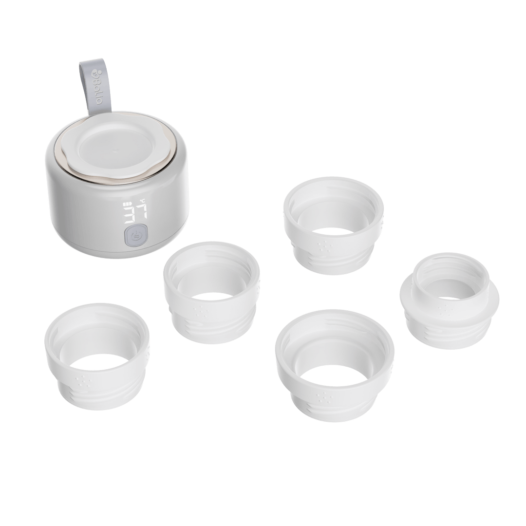 Calentador de mamaderas portátil Balia con adaptadores para diferentes mamaderas, ideal para padres en movimiento.