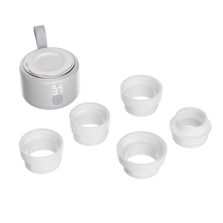 Calentador de mamaderas portátil Balia con adaptadores para diferentes mamaderas, ideal para padres en movimiento.
