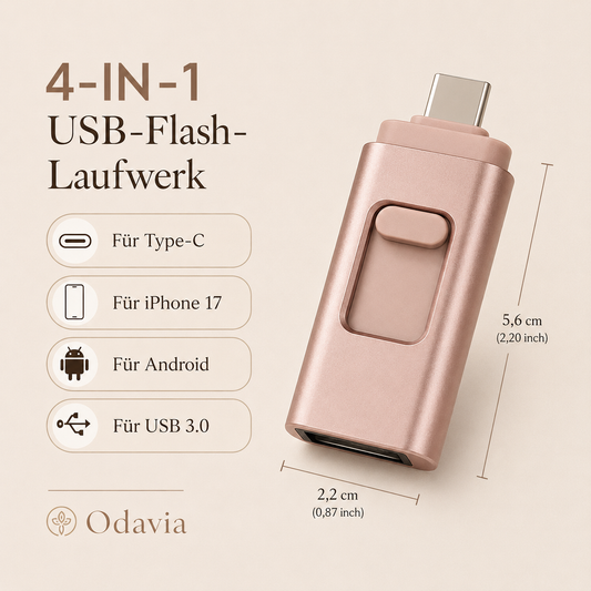 Odavia 4-in-1 USB-Flash-Laufwerk mit Anschlüssen und Abmessungen