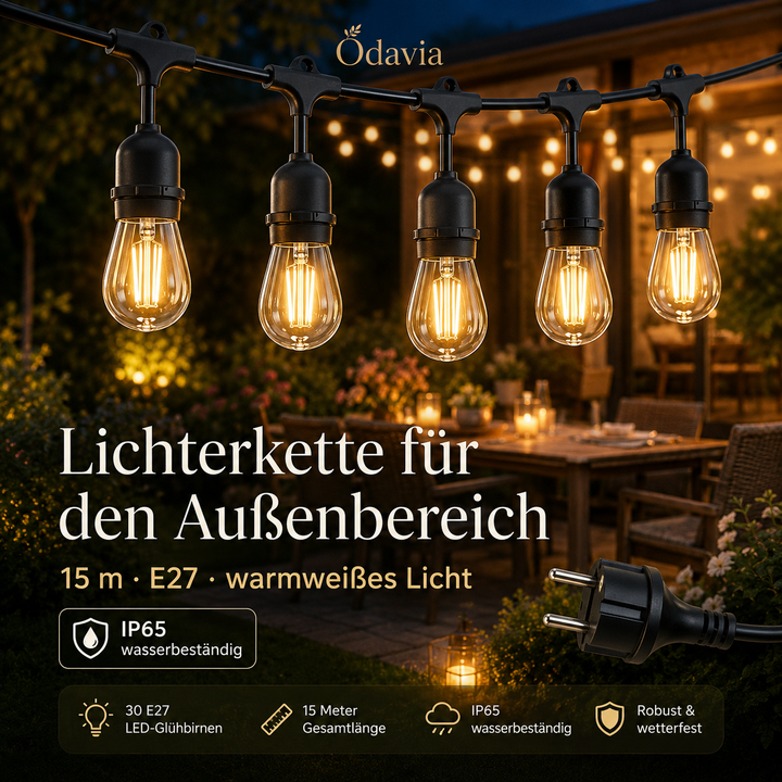 LED-Lichterkette für außen – 15 m mit 30 Filament-Birnen