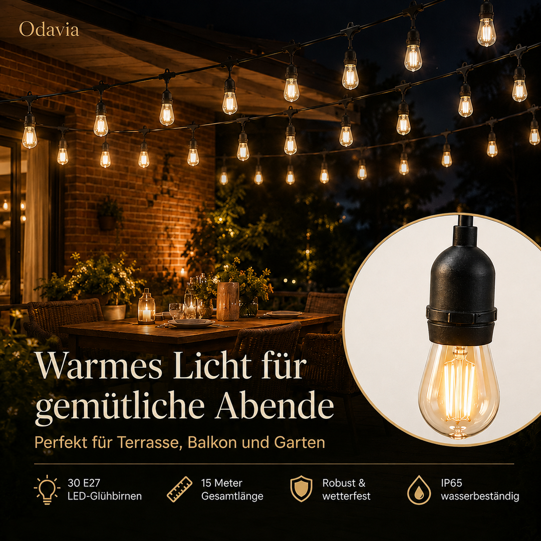 LED-Lichterkette für außen – 15 m mit 30 Filament-Birnen