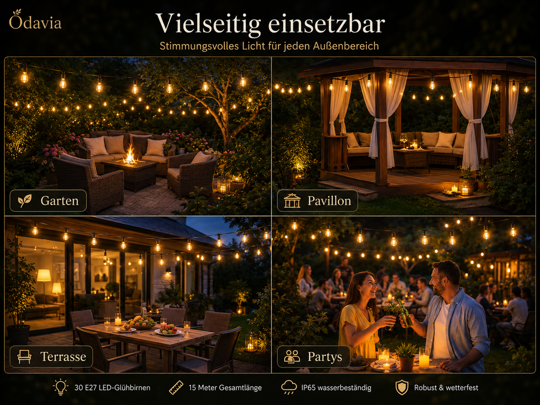 LED-Lichterkette für außen – 15 m mit 30 Filament-Birnen