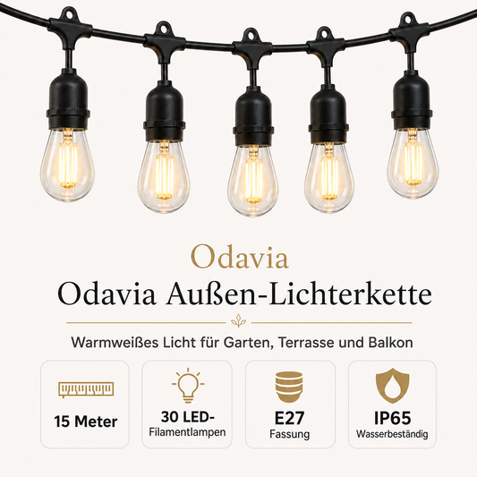 LED-Lichterkette außen – warmweiße Filament-Birnen im Detail